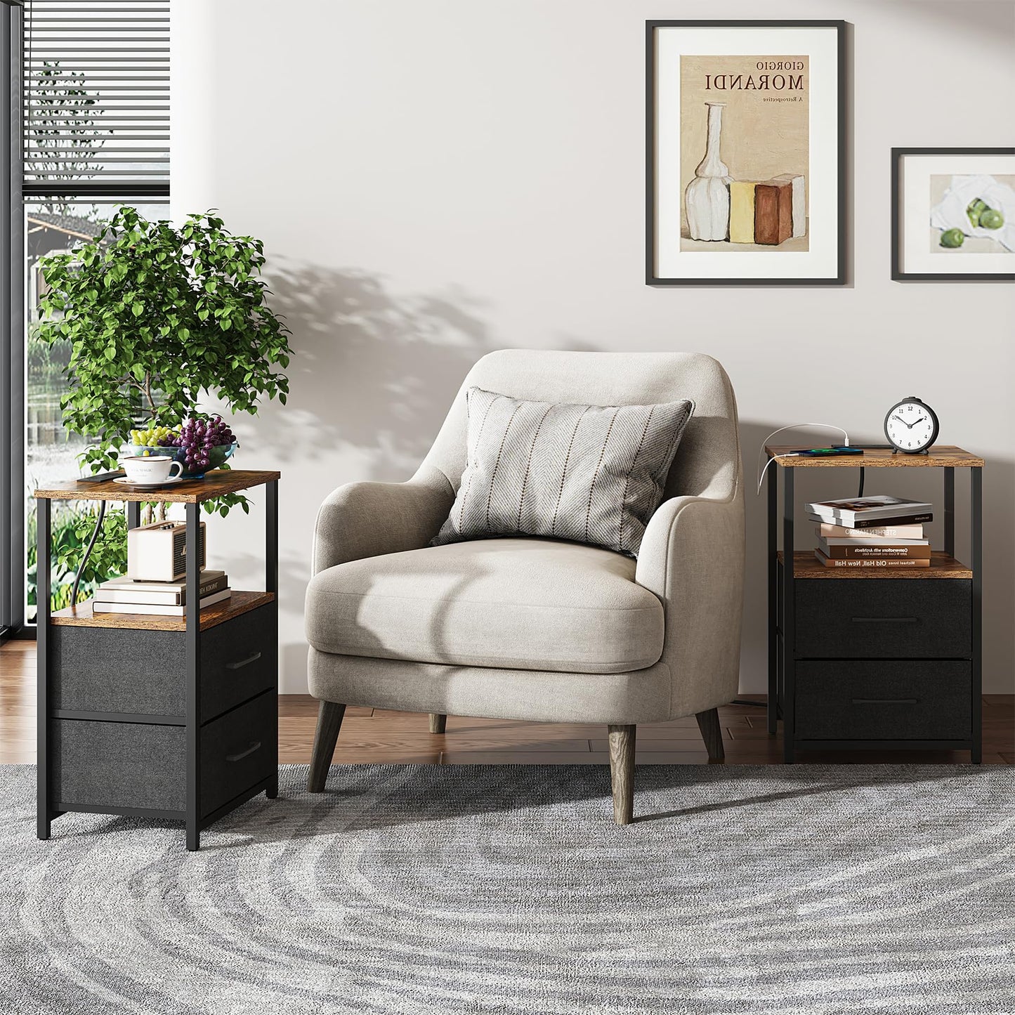 TUTOTAK End Table with Charging Station, Side Table with 2 USB Ports and Outlets, Nightstand with Cloth Drawer, Set of 2, Couch Table, Brown and Black TB01BB052K