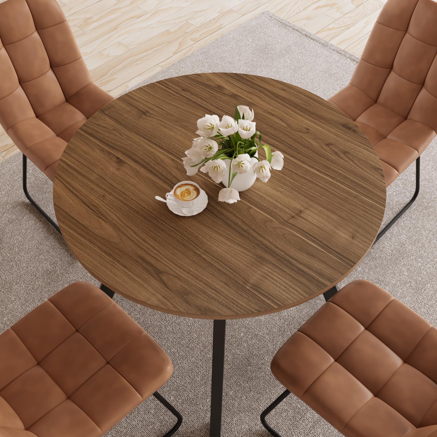 Zerifevni 34.6'' Round Dining Table and Chairs for 4 Space Saving for Apartment Kitchen Dining Room (Walnut Table+4 U-Shaped Brown Chairs)