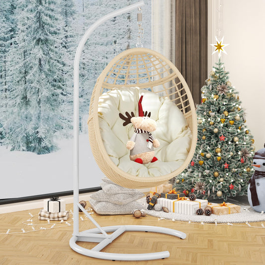 TWT Hanging Egg Chair with Stand, 330lbs Capacity Patio Wicker Egg Swing Chair with UV Resistant Cushion for Bedroom Garden Indoor Outdoor (Beige)