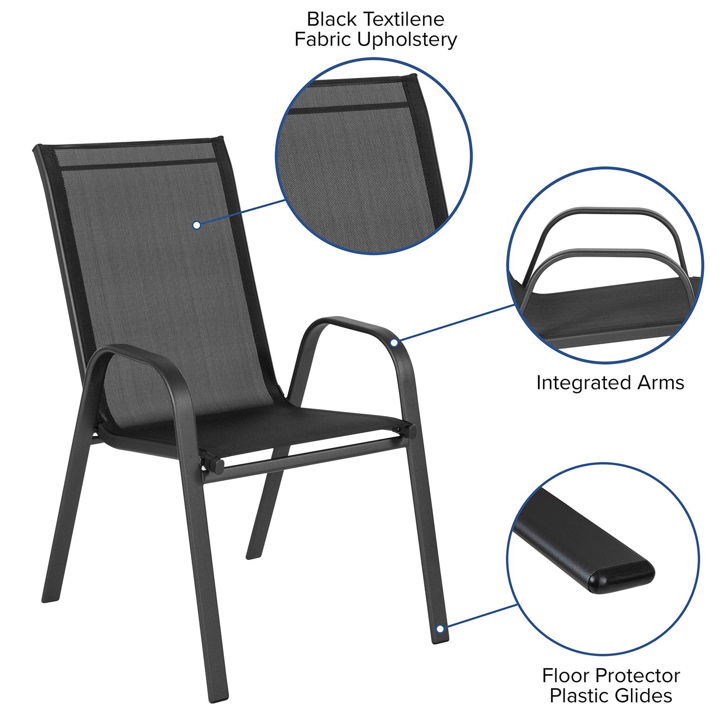 EMMA + OLIVER 5 Pack Black Outdoor Stack Chair with Flex Comfort Material and Metal Frame