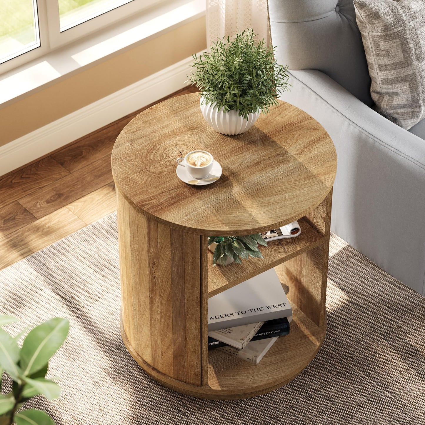 Tribesigns Round End Table Set of 2: 3-Tier Side Table with Storage Shelf, 23.6" Diameter Modern Nightstand or Bedside Stand, Small Sofa Accent Furniture for Living Room, Bedroom, Natural (2PC)