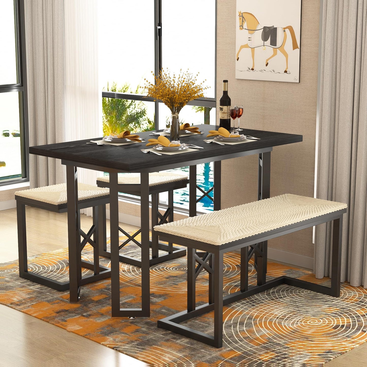 VECELO 43.3" Dining Table Sets, Farmhouse Kitchen Table for 4 with 3 Seats & Wicker Seat Cushions,Metal Frame Space-Saving Adjustable Feets Coffee Table for Home Kitchen Dining, Pitch Black