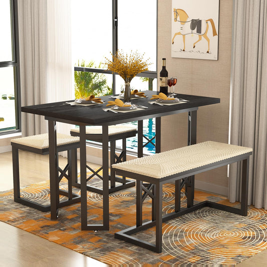 VECELO 43.3" Dining Table Sets, Farmhouse Kitchen Table for 4 with 3 Seats & Wicker Seat Cushions,Metal Frame Space-Saving Adjustable Feets Coffee Table for Home Kitchen Dining, Pitch Black