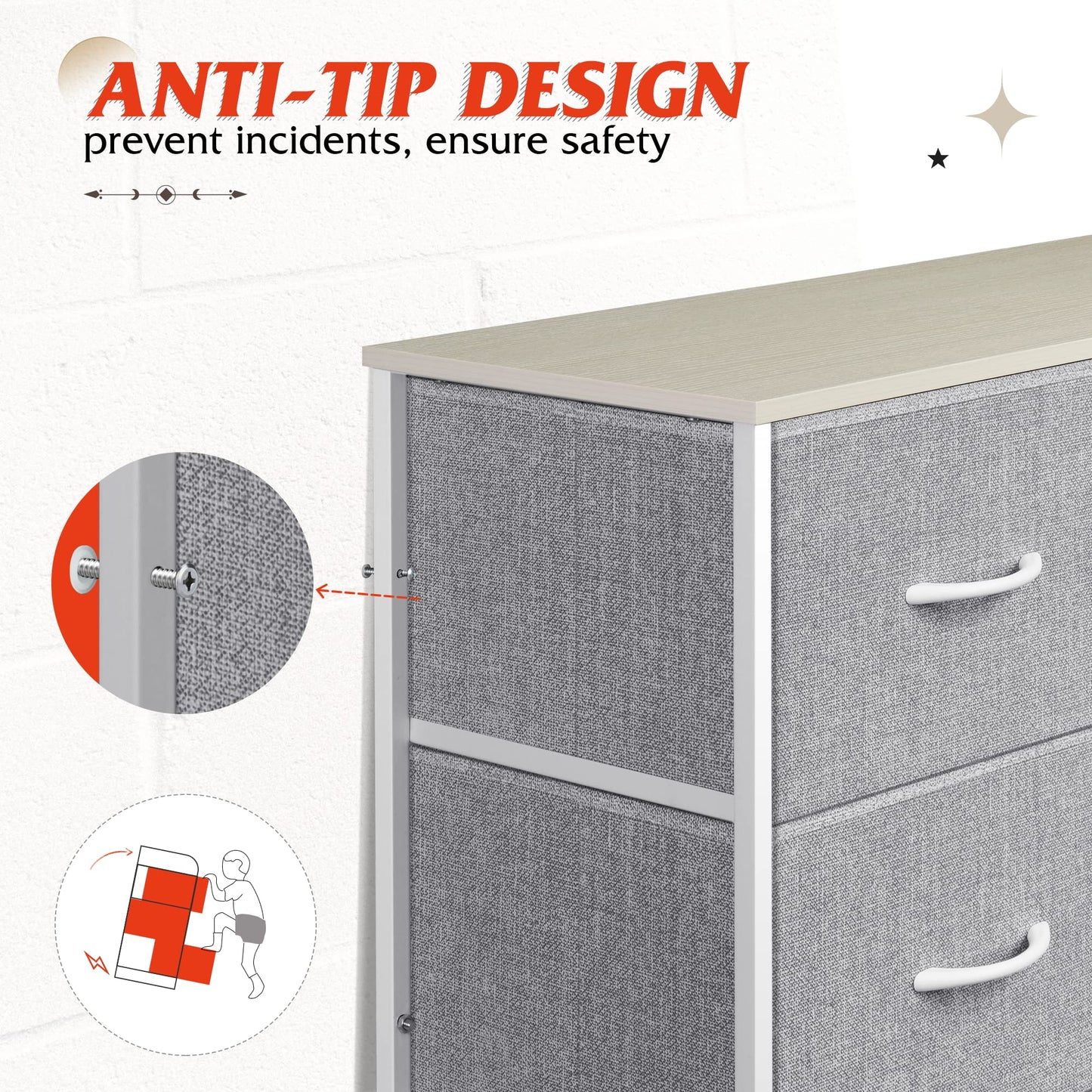 WLIVE Tall Dresser for Bedroom with 10 Drawers, Chest of Drawers, Dressers Bedroom Furniture, Storage Organizer Unit with Fabric Bins for Closet, Hallway, Living Room, Entryway, Light Grey