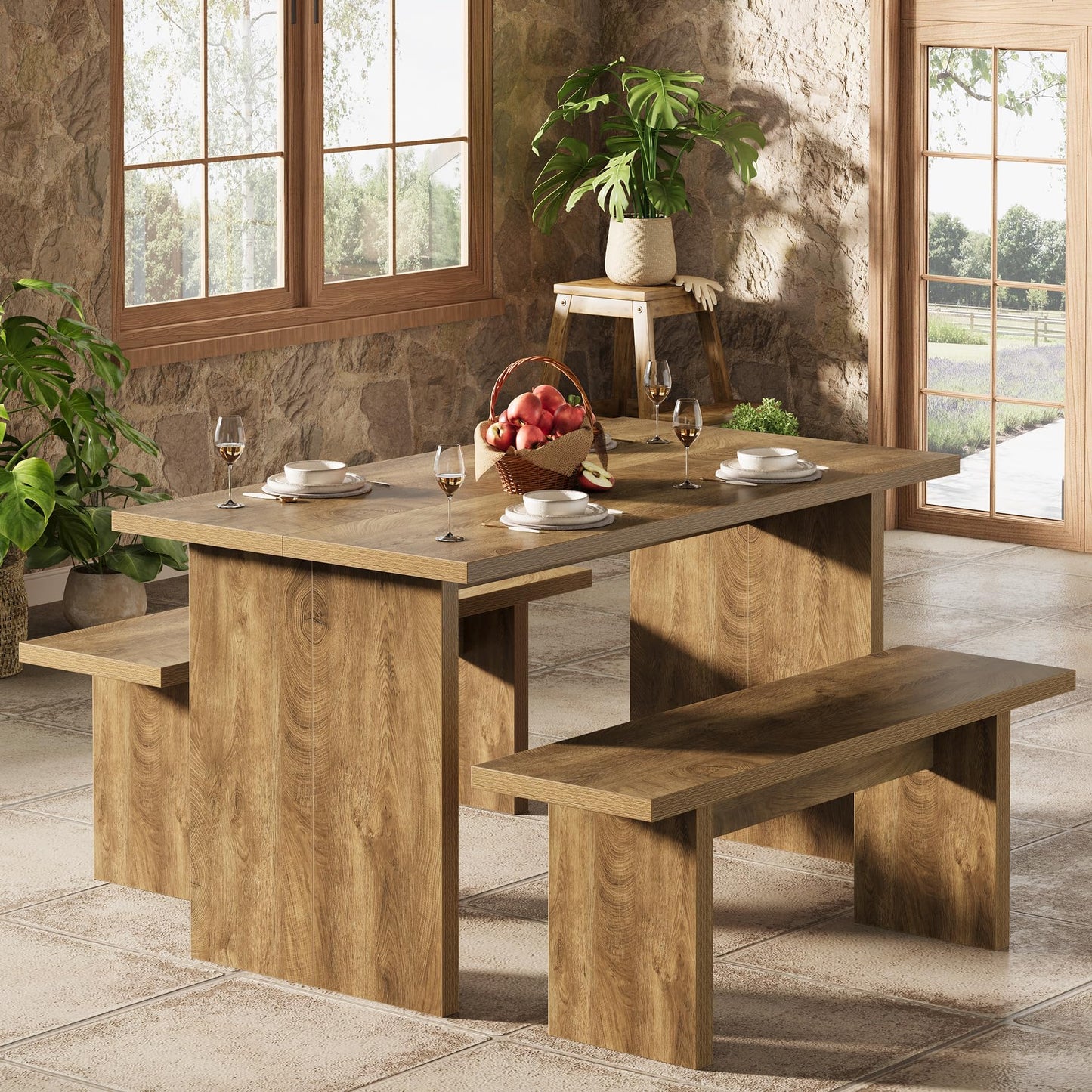 Tribesigns 3 Pieces Dining Table Set with 2 Benches, 55" Farmhouse Kitchen Table Set for 4-6, Rectangular Wooden Heavy Duty Dinette for Kitchen, Dining Room, Brown