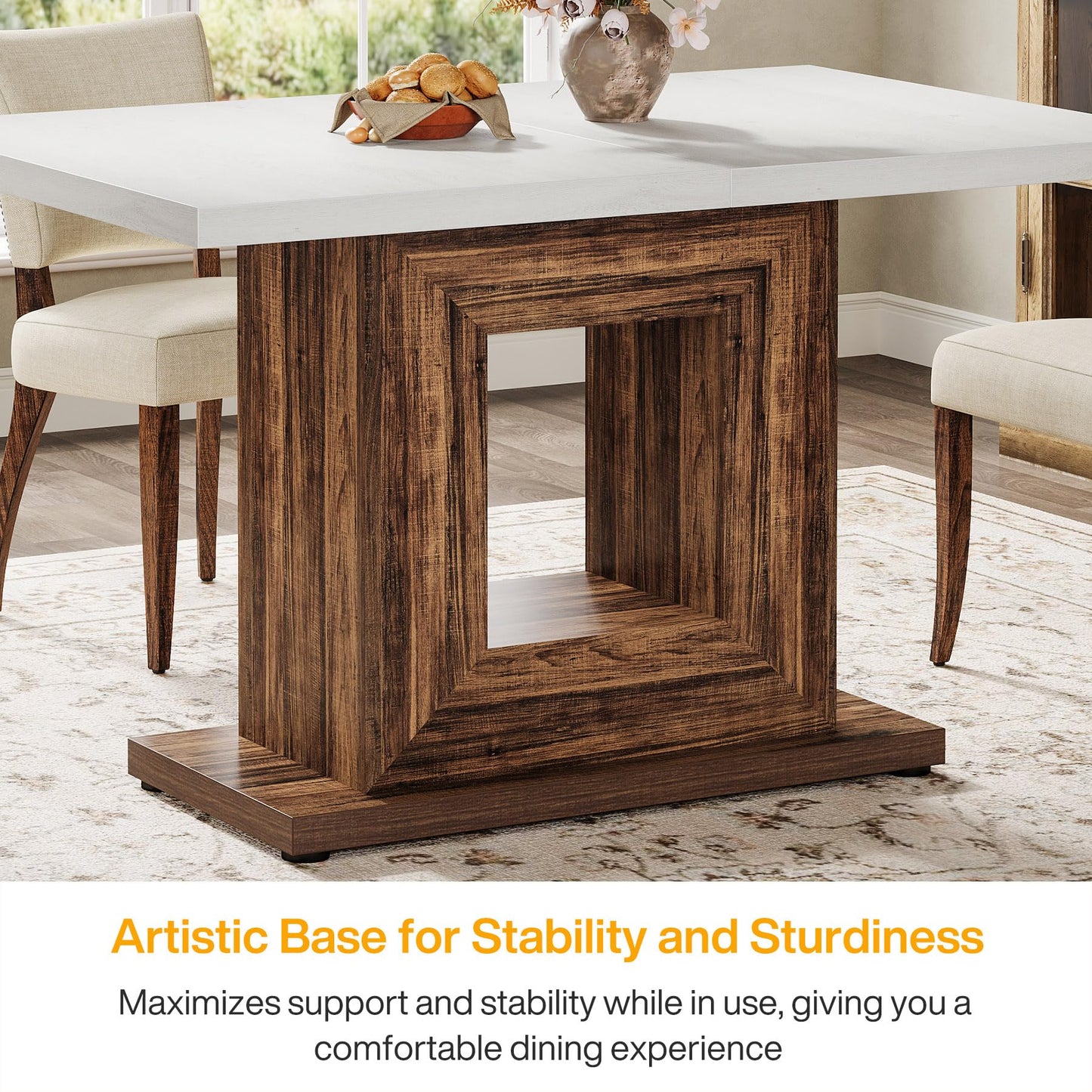 Tribesigns 47-Inch Farmhouse Dining Table for 4, White Kitchen Dinner Table with Heavy Duty Pedestal, Rustic Wooden Eating Table for Home, Dining Room, Small Space, White & Brown