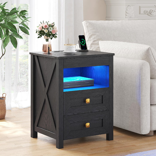 TAGELIER Farmhous Nightstand with Gun Drawer,Bedside Table with Charging Station, Gun Night Stand with LED Light & Human Sensor,Smart End Table for Bedroom, Black