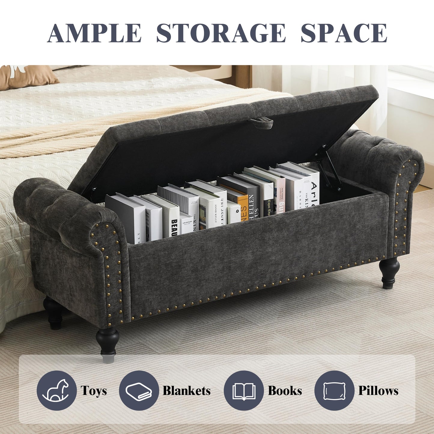 51" Bedroom Storage Bench, End of Bed Bench with Storage, Chenille Upholstered Benches, Ottoman with storage, Window Benches with Rolled Arm and Nailhead Trim for Living Room, Entryway, Dark Gray