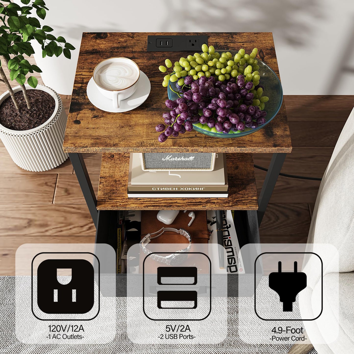 TUTOTAK End Table with Charging Station, Side Table with 2 USB Ports and Outlets, Nightstand with Cloth Drawer, Set of 2, Couch Table, Brown and Black TB01BB052K