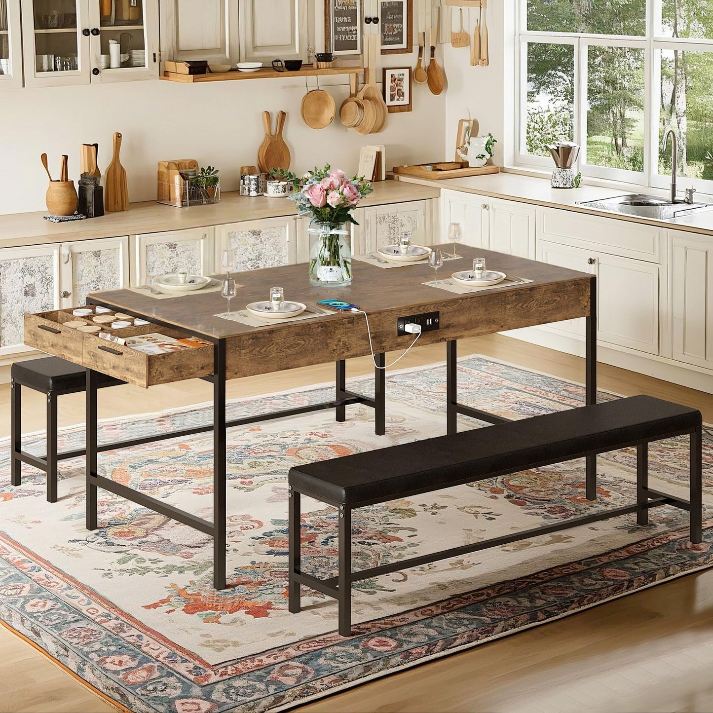 VECELO 65" Dining Table Set for 4-6, 3-Piece Kitchen Set with 2 Utensil Drawers, 2 Benches & Wine Rack, Space Saving & Heavy Duty, with Metal Frame & MDF Board, Rustic Brown