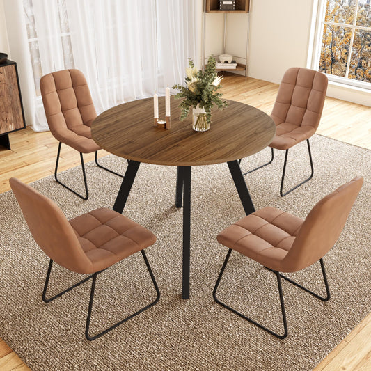 Zerifevni 34.6'' Round Dining Table and Chairs for 4 Space Saving for Apartment Kitchen Dining Room (Walnut Table+4 U-Shaped Brown Chairs)