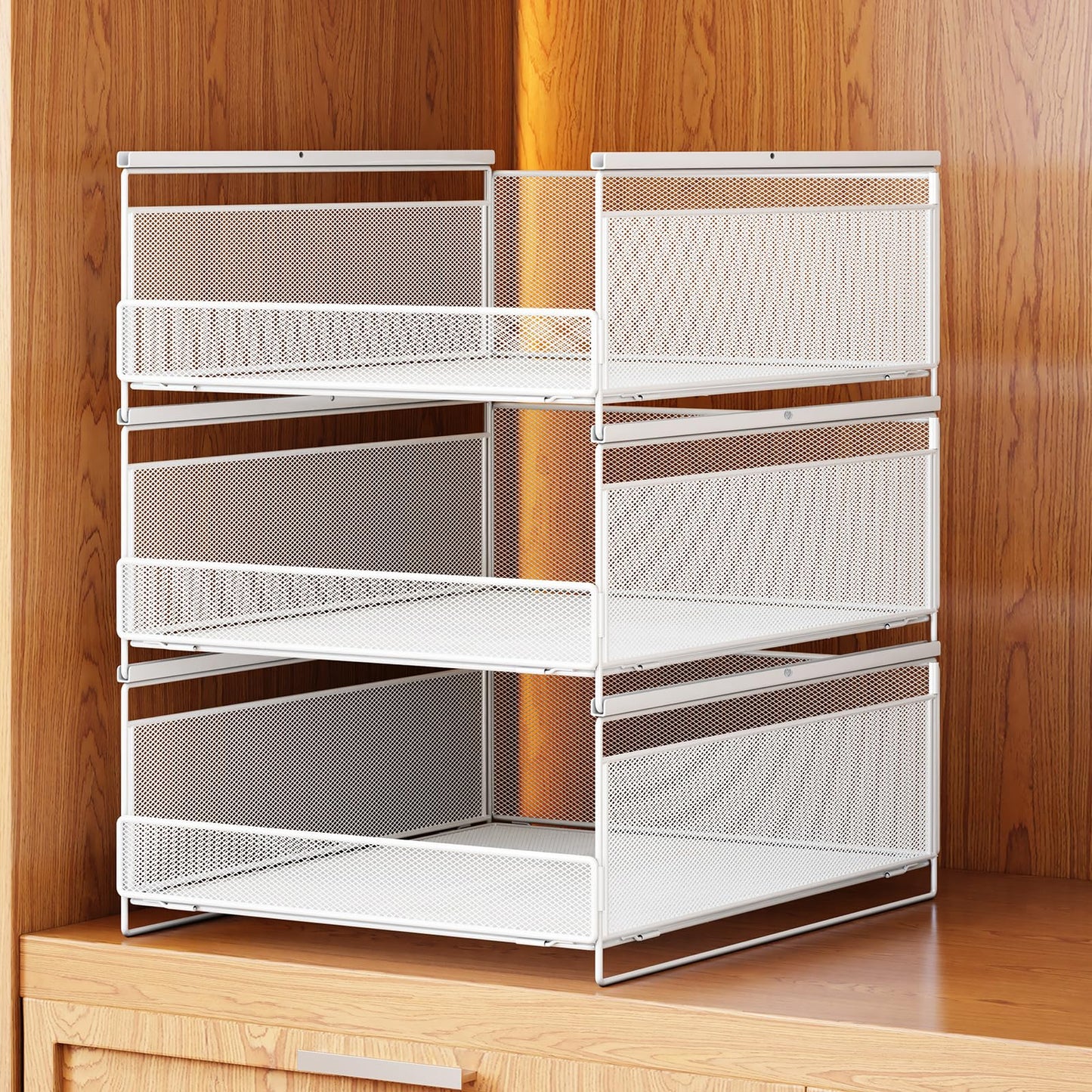 WOCUBEHOME 3-Tier Stackable Metal Closet Organizers and Storage Drawers, Open Front Storage Bins for Wardrobe, RV, Sweater, Jeans, White, 3xM(16.5" D x 12.2" W x 6.6" H)