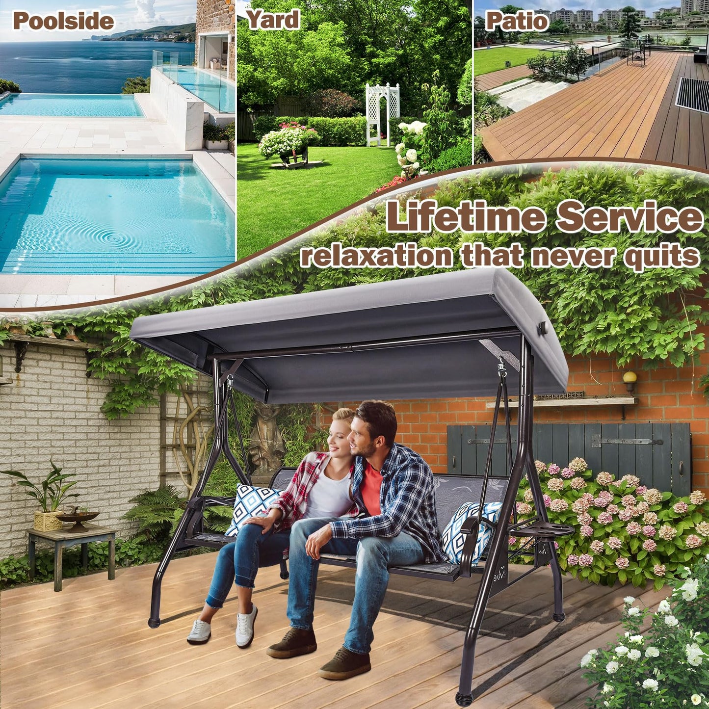 ZZW 3 Person Patio Swing Outdoor Swing for Adults with Adjustable Canopy &Upgraded Cup Holders Textilene Fabric Porch Swing Chair with Stand Heavy Duty 800 LBS