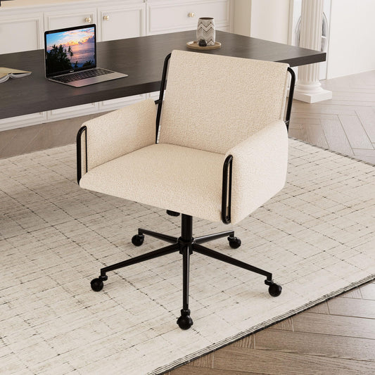 YOUTASTE Wide Office Chair with Wheels, Comfy Modern Rolling Swivel Desk Chair with Beige Bouclé Fabric, Backrest, Armrests, 300 lbs Capacity, Ideal for Makeup Vanity, Computer, Study & Bedroom