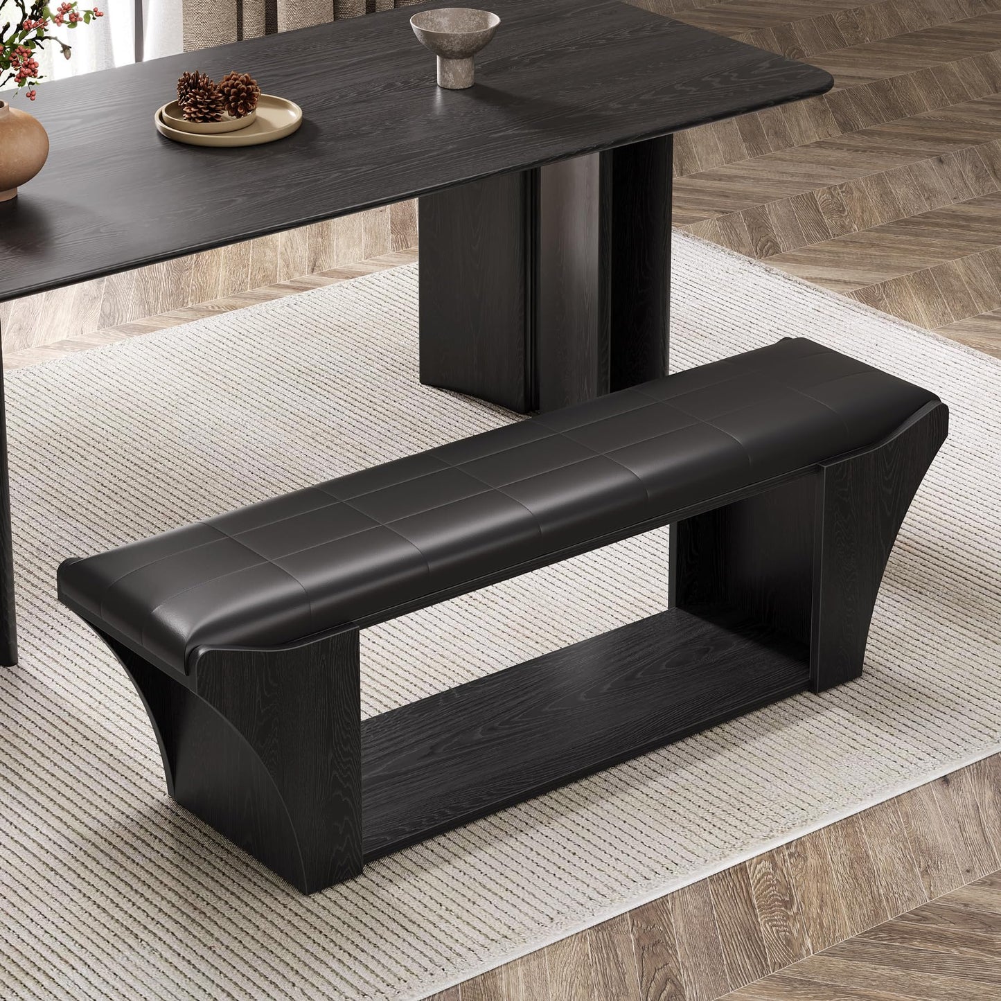 Tribesigns 59" Long Dining Room Bench for 2 to 3, Modern Black Kitchen Benches Upholstered Stools with Leather Padded Seat and Open Storage Shelf for Indoor Use