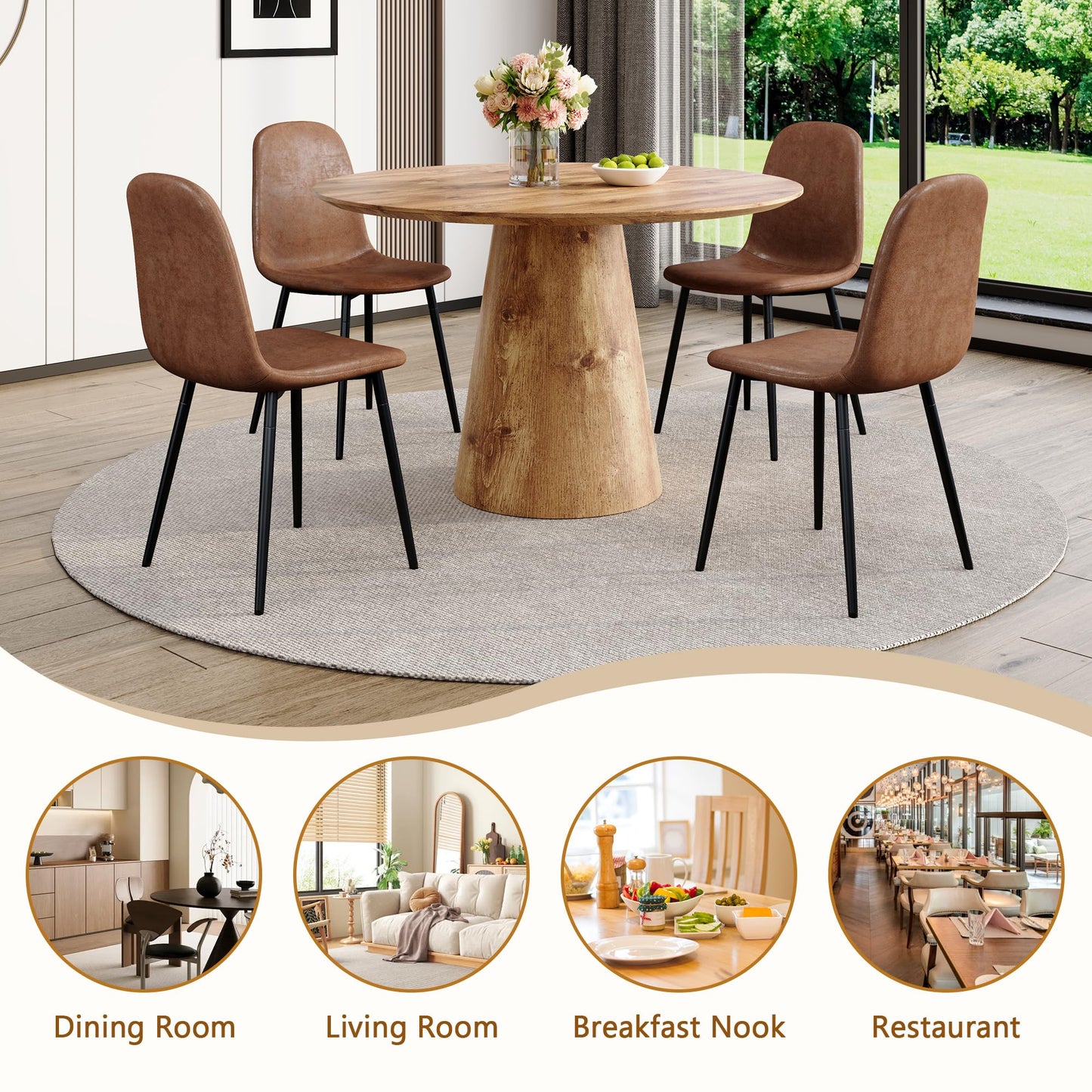Vohuai Round Dining Table Set for 4,45'' Farmhouse Dining Room Table Set for 4 with Suede Chairs,1" Thick Wood Pattern Tabletop with Conical Base,Round Kitchen Table Set for Dining Room,Apartment