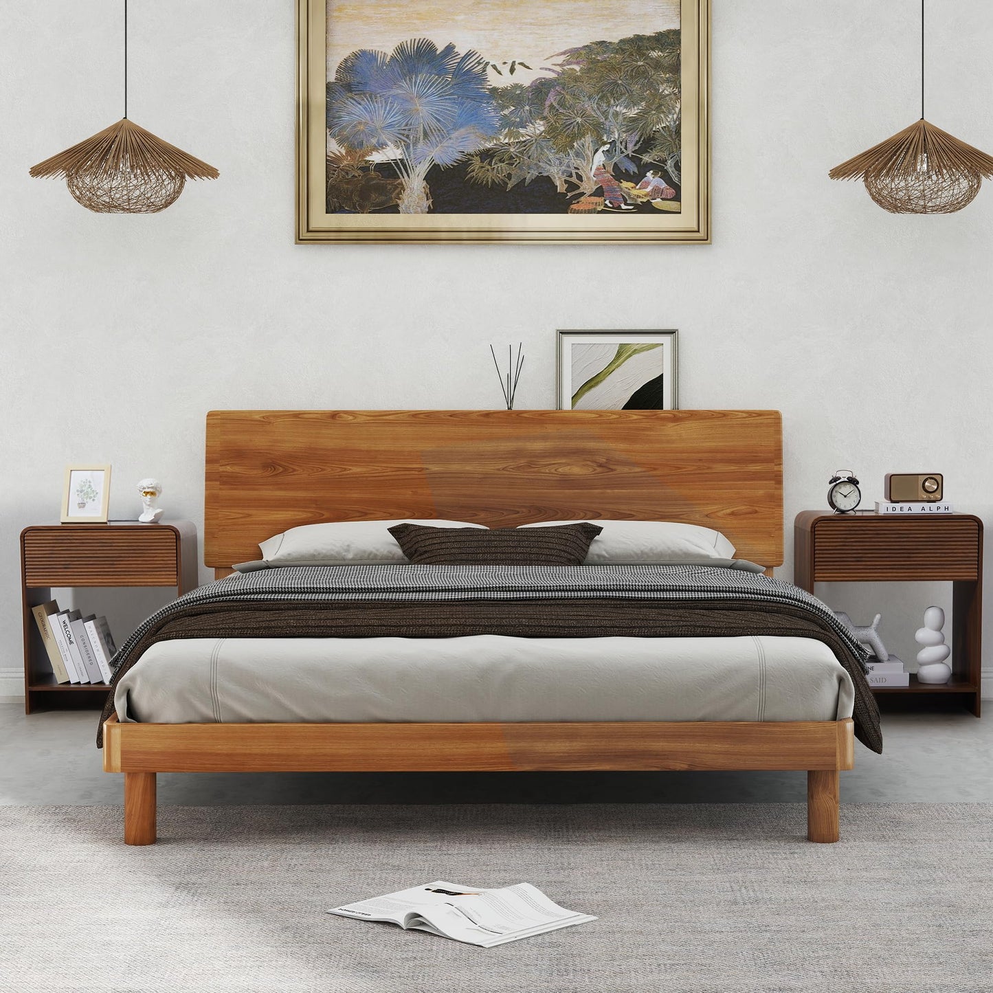 XUZENEST Fluted Nightstand Set of 2 with Charging Station, Modern Bed Side Table End Table with Drawer Storage, Large Wooden Night Stands Bedside for Bedroom Living Room Sofa Office, Walnut 2 Sets