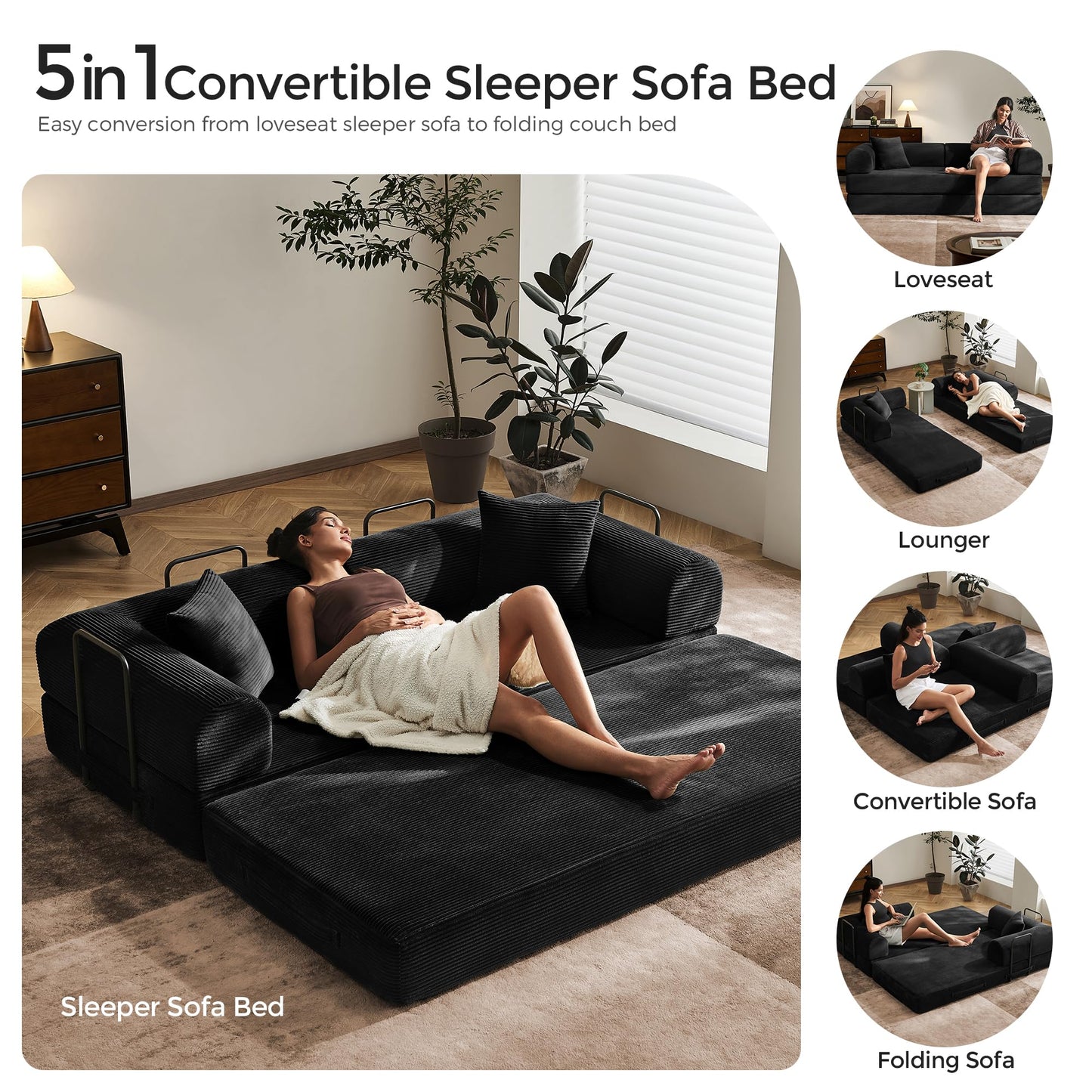 79" Convertible Sofa Bed with Fixed-Shape Frame & Removable Armrests, Modular Corduroy Sleeper Sofa, Folding Mattress Couch for Small Spaces - No Assembly Needed in Black (Includes 2 Pillows)