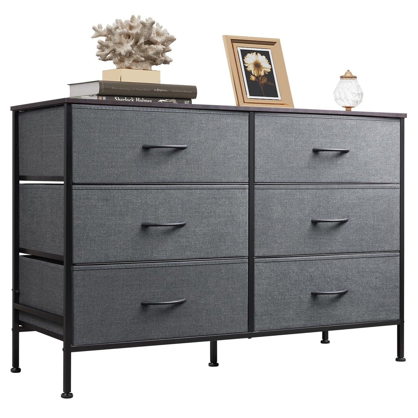 WLIVE Dresser for Bedroom with 6 Drawers, Wide Fabric Dresser TV Stand for 50 Inches TV with Metal Frame, Wooden Top, Fabric Storage Organizer for Livingroom, Hallway, Dark Gray
