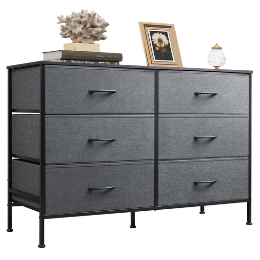 WLIVE Dresser for Bedroom with 6 Drawers, Wide Fabric Dresser TV Stand for 50 Inches TV with Metal Frame, Wooden Top, Fabric Storage Organizer for Livingroom, Hallway, Dark Gray