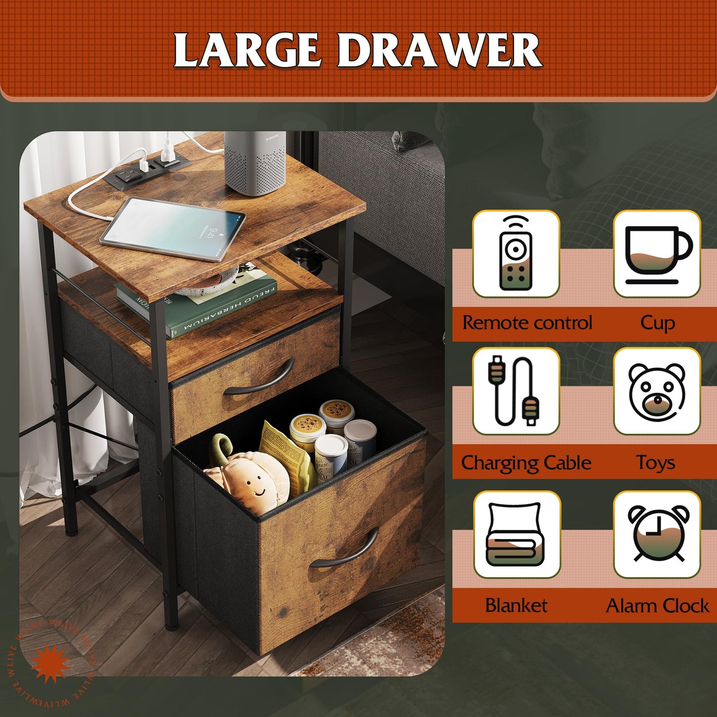 WLIVE Night Stand Set 2, Nightstand with Charging Station, Bedside Tables for Bedroom, Side Table with Fabric Drawers, USB Ports and Outlets, Rustic Brown