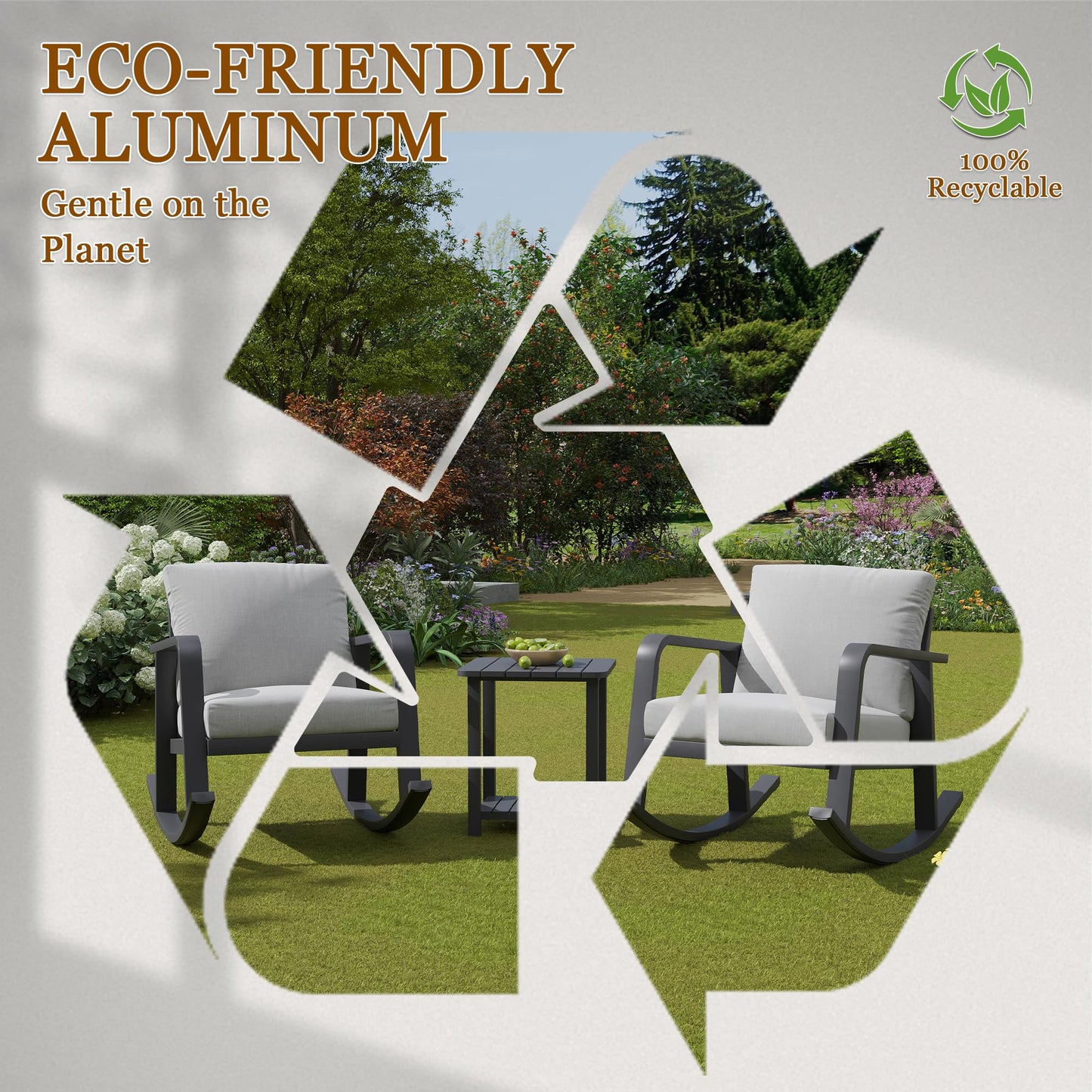 Trenlogne 3 Piece Outdoor Rocking Chairs, Patio Bistro Set with 2 Rockers and 1 Metal Coffee Table, Oversize Aluminum Conversation Set for Garden, Balcony, Backyard