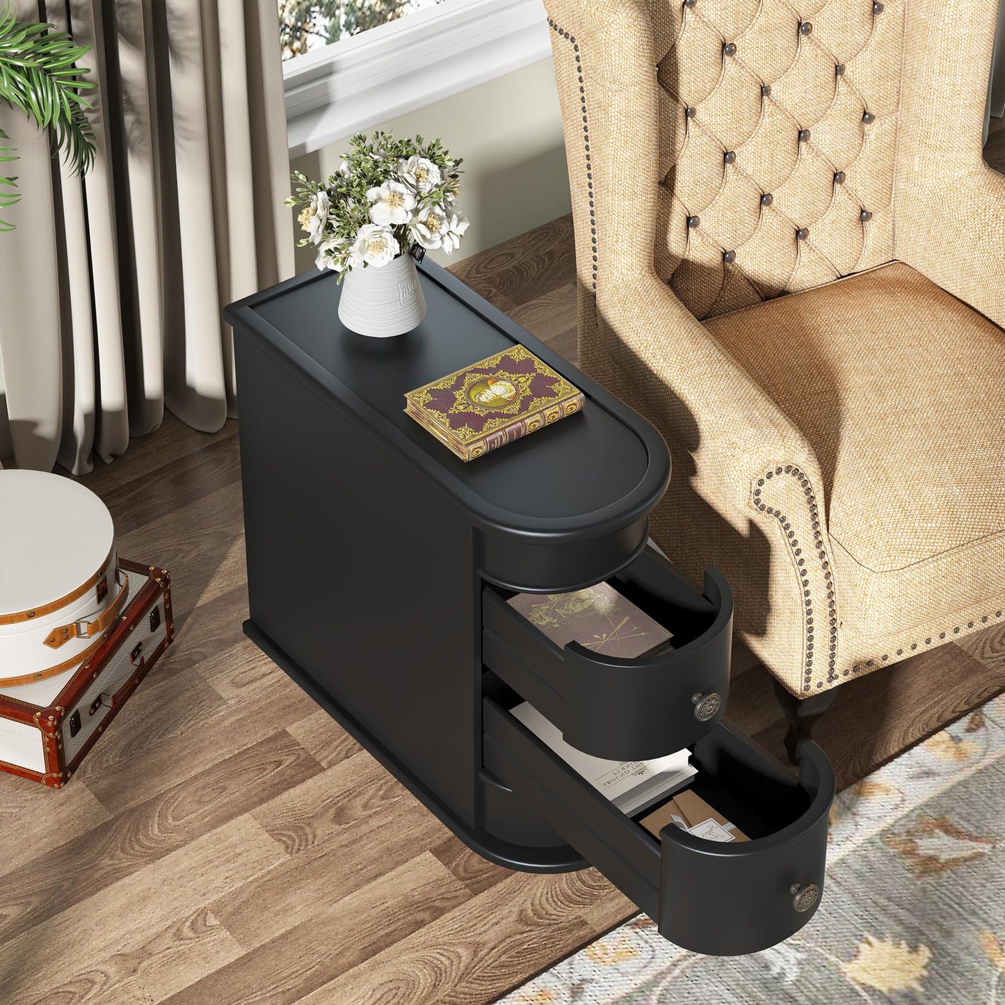 Tribesigns Wood End Table Set of 2, Narrow Solid Side Table 2-Drawer Slim Chair Side Table, No Assembly Required, Finished Back, Black