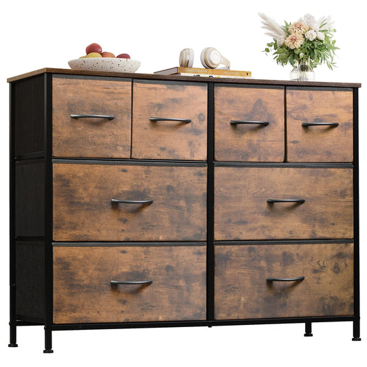 WLIVE Dresser for Bedroom with 8 Drawers, Wide Fabric Dresser for Storage and Organization, Bedroom Dressers, Chest of Drawers for Living Room, Closet, Entryway, Rustic Brown Wood Grain Print