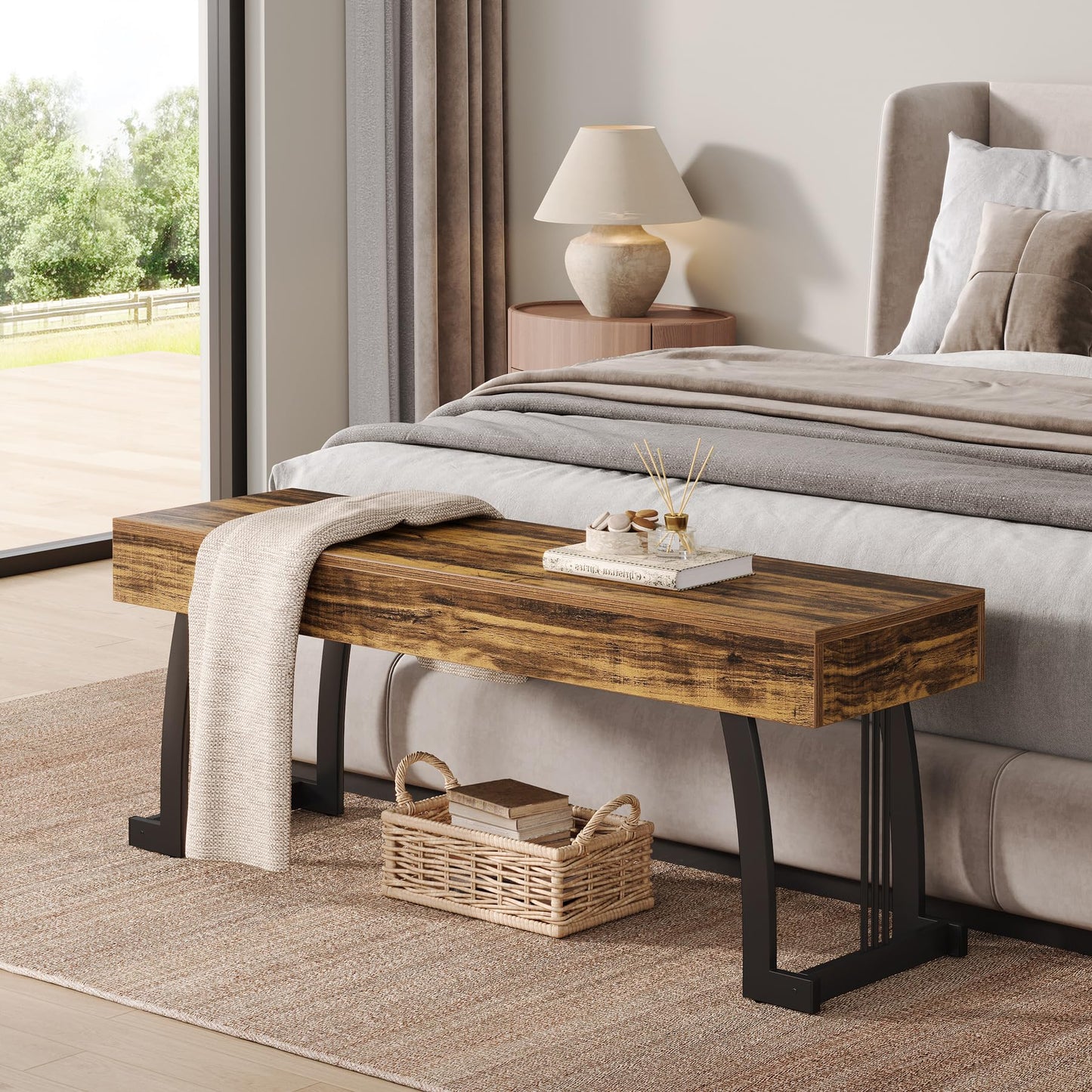 Tribesigns Wooden Entryway Bench, 47.24" Rustic Indoor End of Bed Bench with Sturdy Metal Legs, Long Dining Seat for Dining Room, Bedroom, Entry, Mudroom