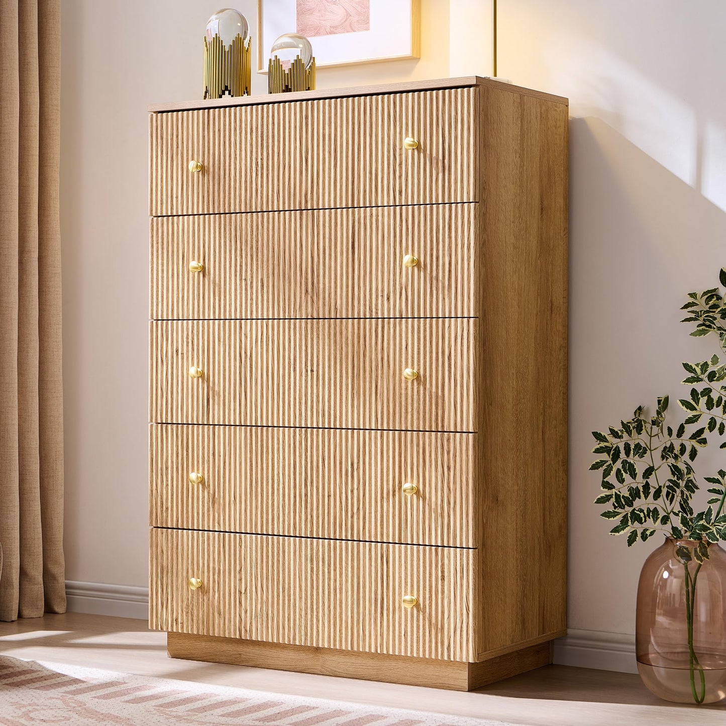 wow97e Fluted Dresser for Bedroom, 5 Drawer Dressers, Wood Tall Dresser Storage Organizer, Chest of Drawers with Deep Storage, Modern Bedroom Chest for Closet Hallway, Entryway, Living Room, Natural
