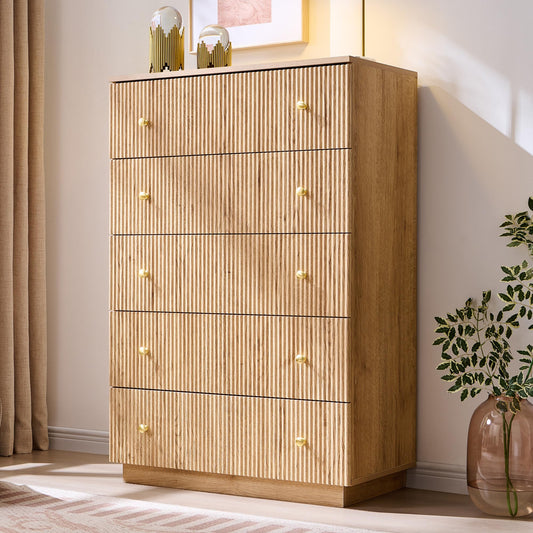 wow97e Fluted Dresser for Bedroom, 5 Drawer Dressers, Wood Tall Dresser Storage Organizer, Chest of Drawers with Deep Storage, Modern Bedroom Chest for Closet Hallway, Entryway, Living Room, Natural