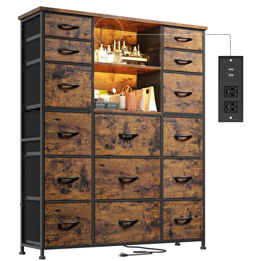 51"H Tall Dresser with 15 Drawers Dresser for Bedroom with Charging Station & LED Lights & Hutch Sturdy Fabric Bedroom Dressers, Steel Frame, Wood Top, Rustic Brown, 51.2"H x 39.3"W x 11.8"D