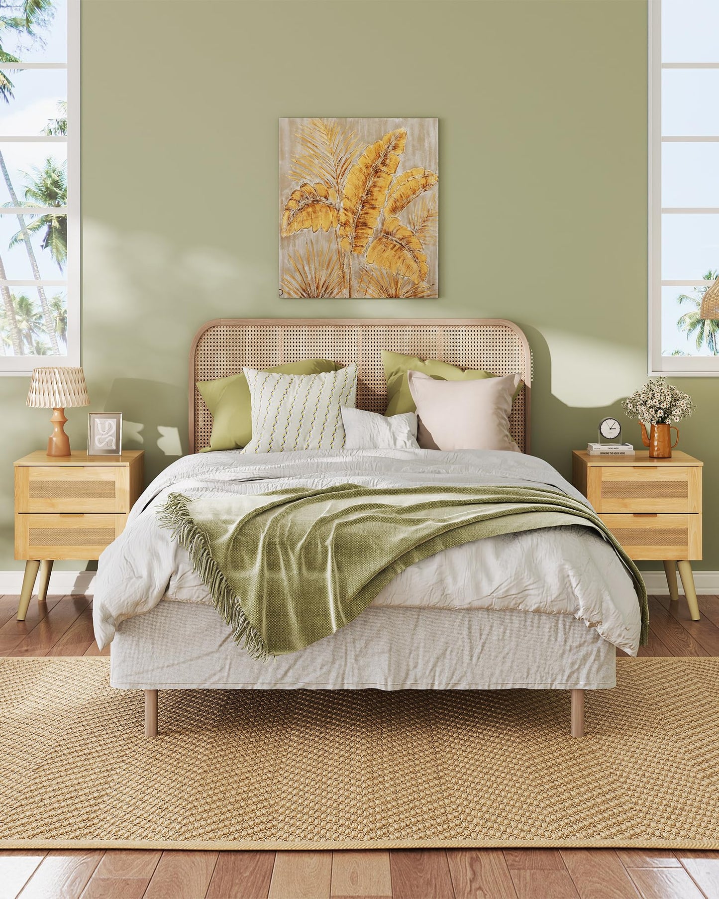 WLIVE Wood Nightstand Set of 2, Night Stand Sets with 2 Rattan Decor Drawers, End Tables with Solid Legs, Bed Side Table for Bedroom, Living Room, Natural Oak