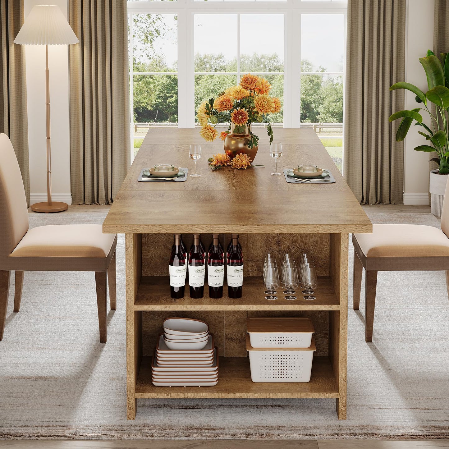 Tribesigns 63" Farmhouse Dining Table with Storage, Rectangular Wooden Kitchen Dinner Table for Dining Room, Living Room, Fit for 2-4 People, Rustic Brown