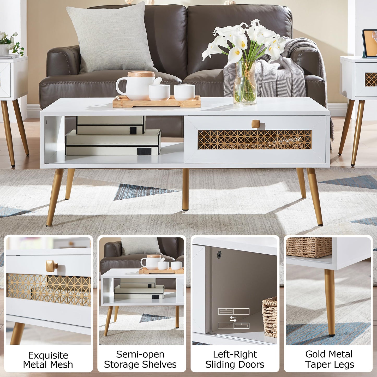 Wooden Mid Century Modern Coffee Table, Retangle Coffee Table with Sliding Door for Living Room, White