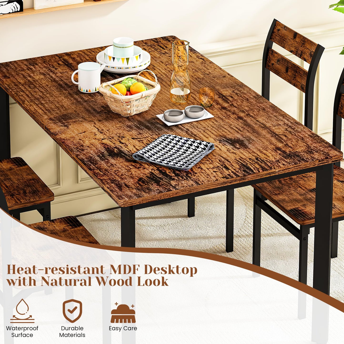 DKLGG Dining Room Table Set for 4 Farmhouse 5 Piece Dining Table Set, Small Kitchen Table Set for 4 for Kitchen and Dining, Apartment (Rustic Brown)