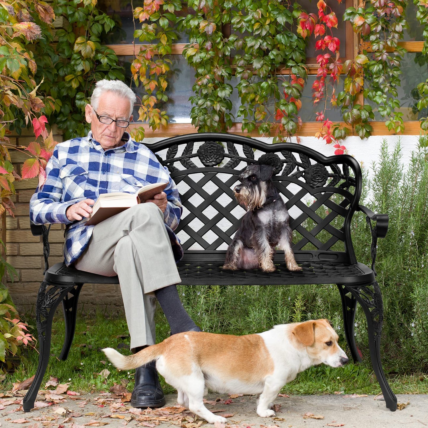 VINGLI 42.5" Outdoor Bench, Antique Cast Aluminum Front Porch Bench Metal Garden Benches Cast Iron Benches 2-3 People Seating (Black)