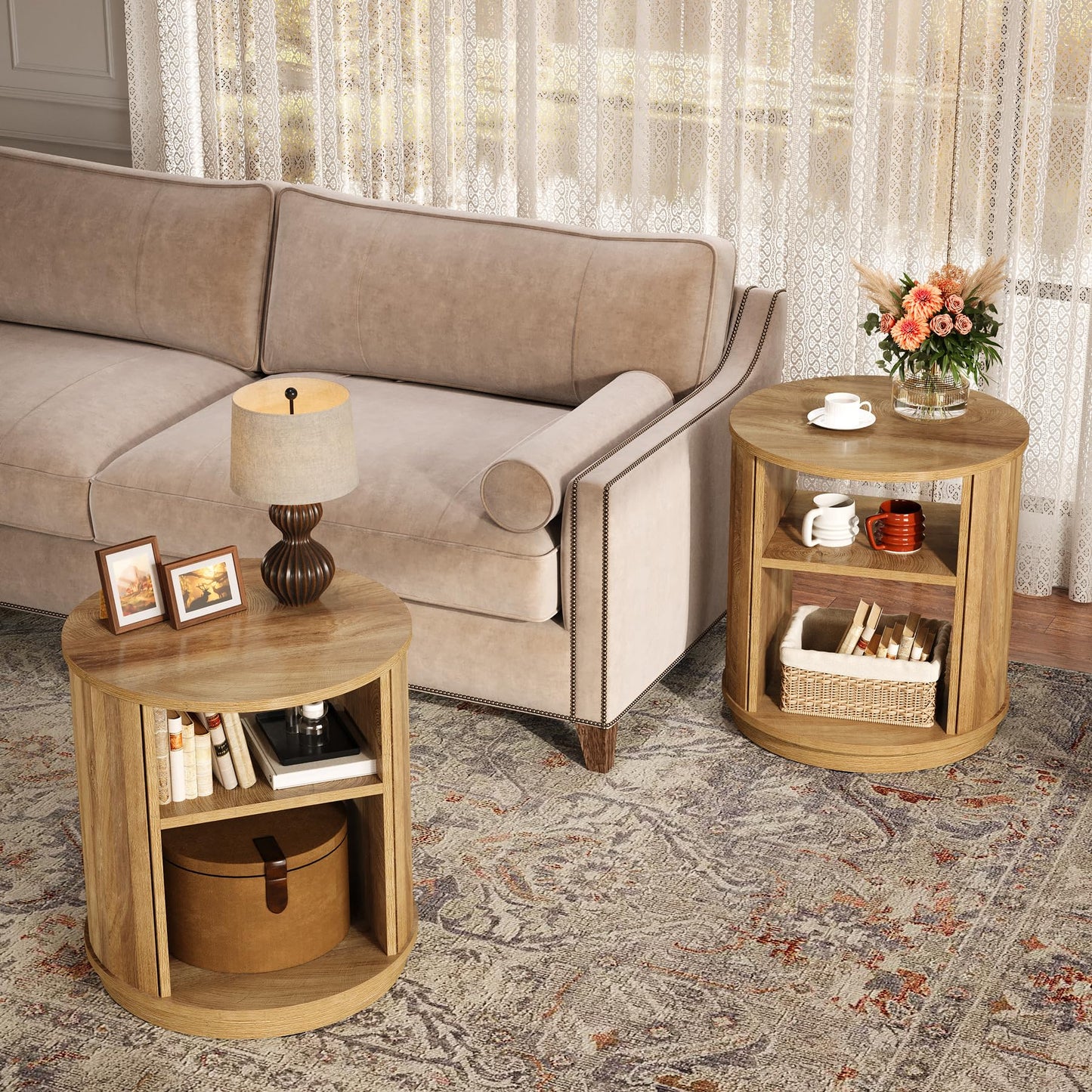Tribesigns Round End Table Set of 2: 3-Tier Side Table with Storage Shelf, 23.6" Diameter Modern Nightstand or Bedside Stand, Small Sofa Accent Furniture for Living Room, Bedroom, Natural (2PC)
