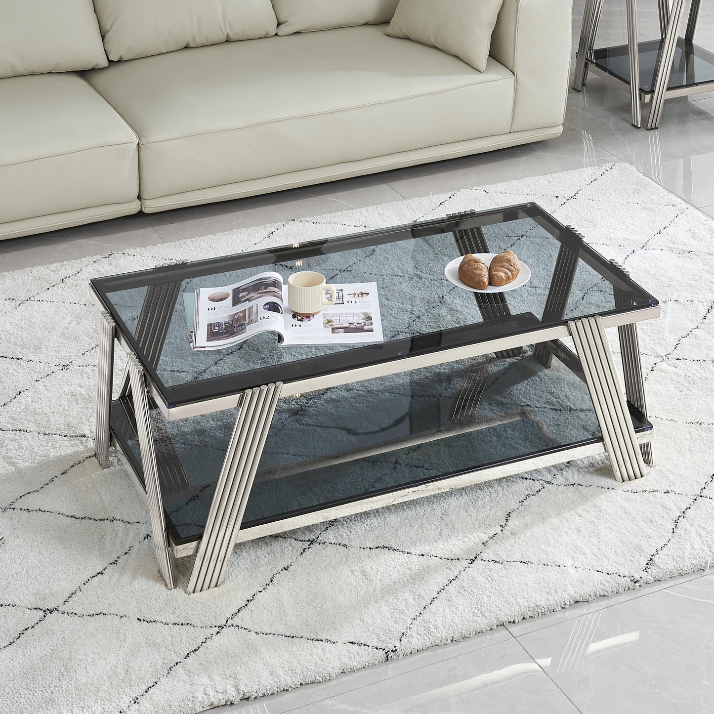 47" Modern Coffee Table, Double-Layer Black Tempered Glass Table Top with Stainless Steel Frame, Center Table with Storage, for Living Room Home Office, Silver