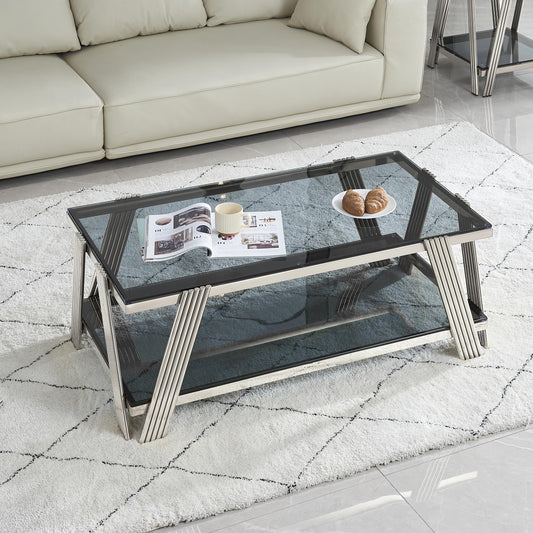 47" Modern Coffee Table, Double-Layer Black Tempered Glass Table Top with Stainless Steel Frame, Center Table with Storage, for Living Room Home Office, Silver