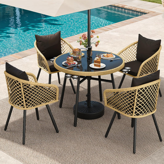 YITAHOME 5 Piece Outdoor Dining Set w/Padded Cushions, Round Patio Table and Chairs with 4 Rattan Chairs, Glass Top Dining Table & Cup Holders for Patio, Backyard, Garden, Porch, Light Brown & Black