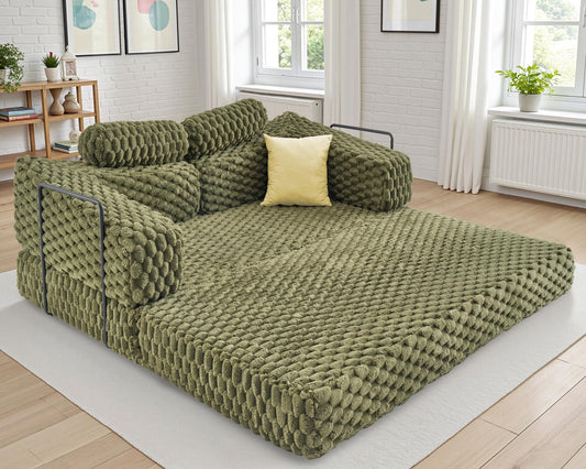 VanAcc Foldable Sofa Bed, Convertible Floor Sofa with Plush Faux Fur, No Assembly Mattress Couch for Living Room, Apartment, Bedroom, Green