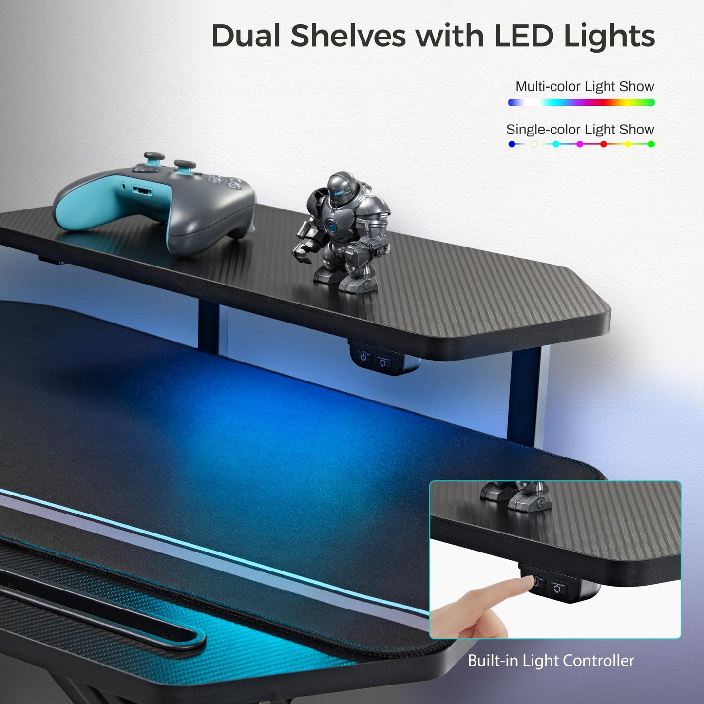 EUREKA ERGONOMIC Aero Gaming Desk with Led Lights, 72" Large Wing-Shaped Studio Desk W Keyboard Tray Monitor Stand Dual Headphone Hanger Cup Holder for Live, Streamer