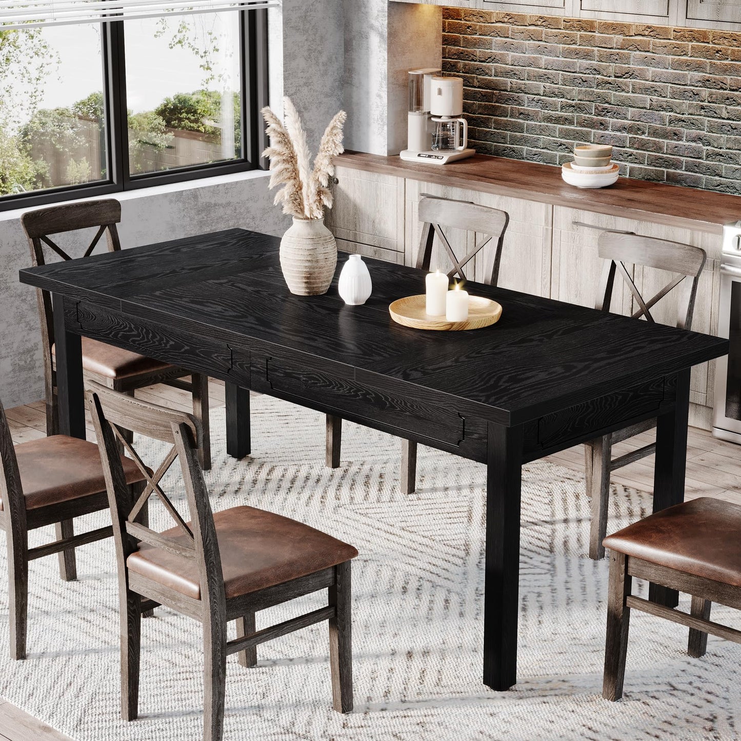Tribesigns 63-inch Farmhouse Dining Table for 4-6, Rectangular Dining Room Table with Sturdy Legs, Modern Kitchen Dinner Table for Dining Room, Living Room, Kitchen (Black)