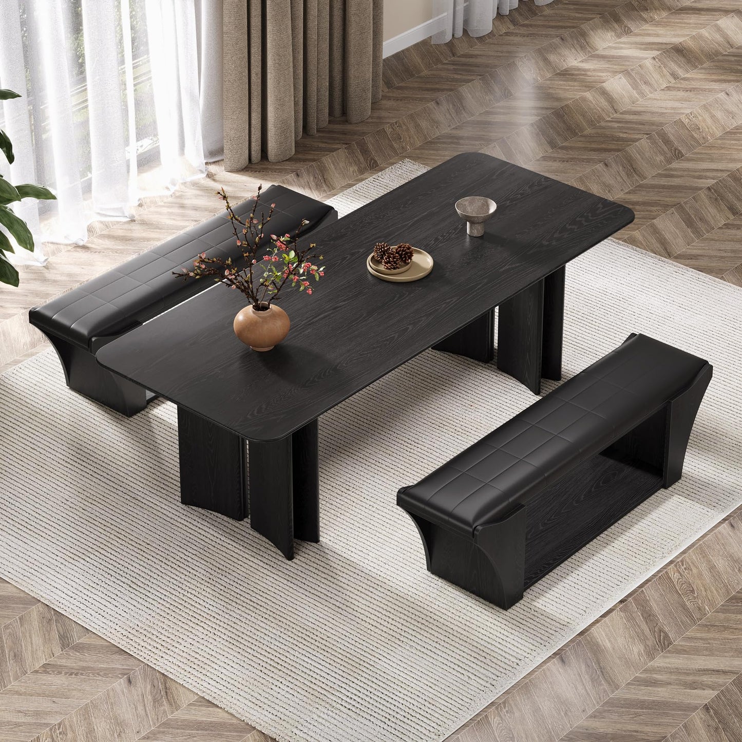 Tribesigns 59" Long Dining Room Bench for 2 to 3, Modern Black Kitchen Benches Upholstered Stools with Leather Padded Seat and Open Storage Shelf for Indoor Use