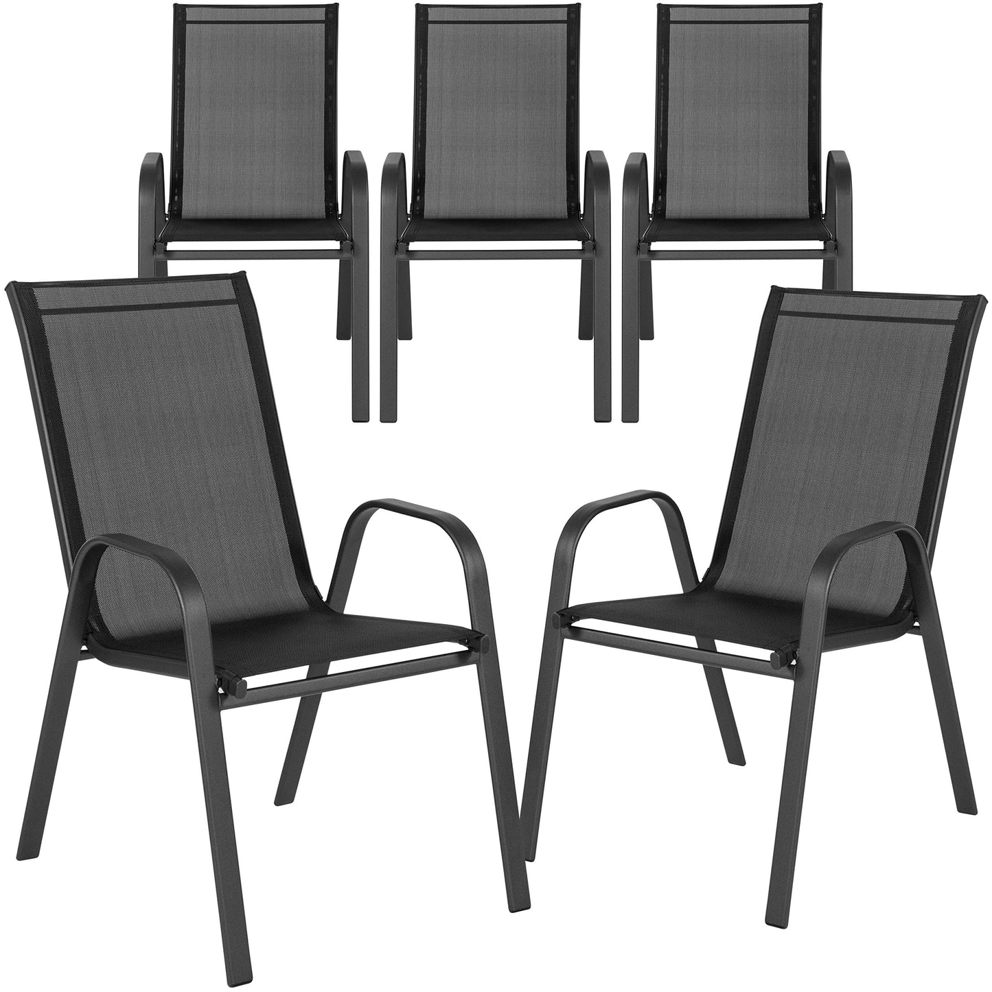 EMMA + OLIVER 5 Pack Black Outdoor Stack Chair with Flex Comfort Material and Metal Frame