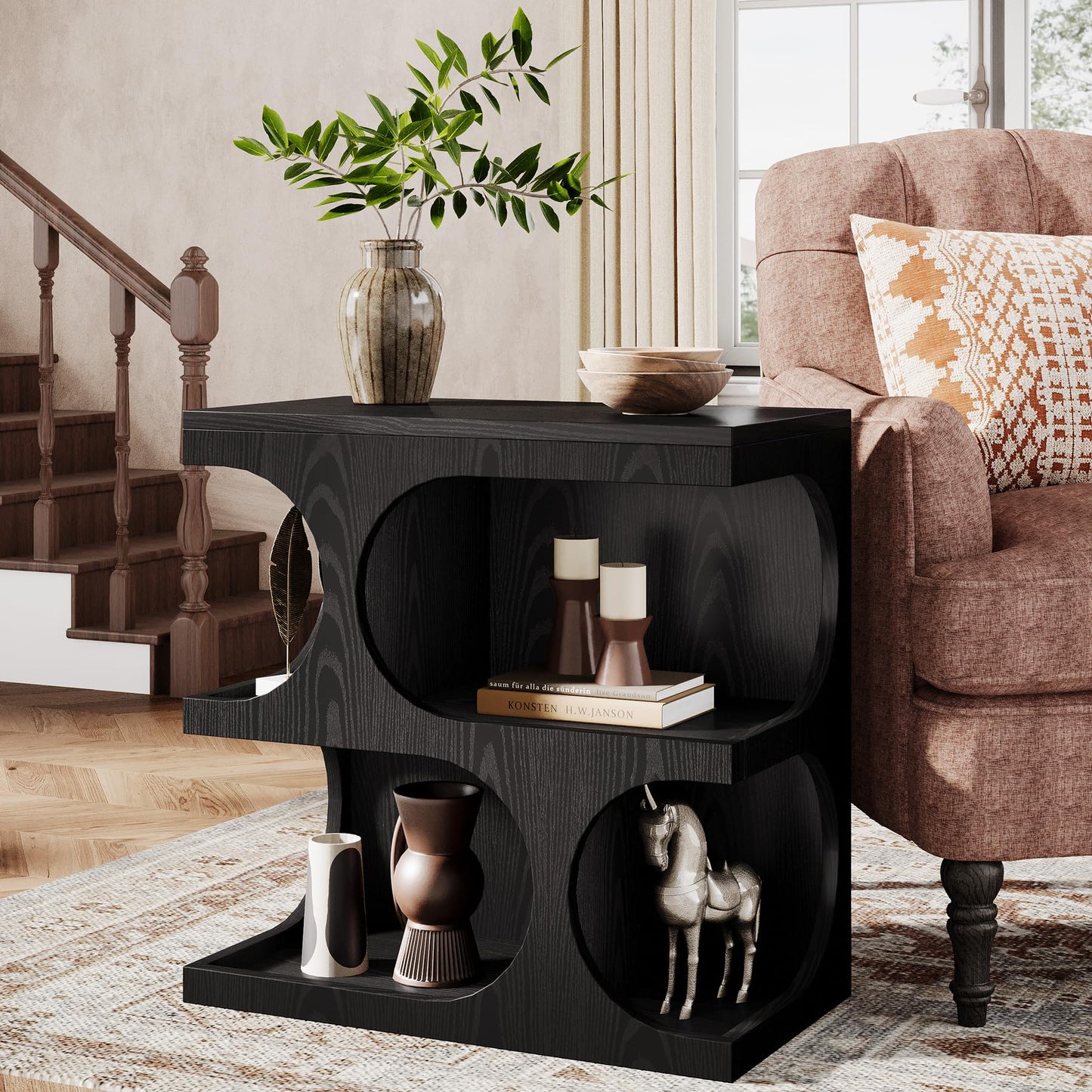 Tribesigns Black End Table for Living Room, Modern S-Shape Side Tables with 2-Tier Storage Shelf, Retro Bedside Nightstands for Bedroom, Easy Assembly