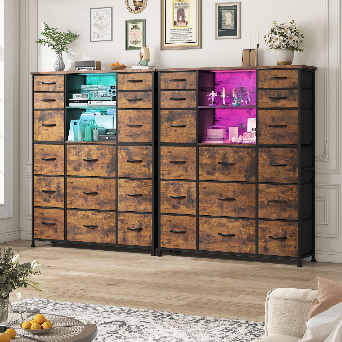 51"H Tall Dresser with 15 Drawers Dresser for Bedroom with Charging Station & LED Lights & Hutch Sturdy Fabric Bedroom Dressers, Steel Frame, Wood Top, Rustic Brown, 51.2"H x 39.3"W x 11.8"D