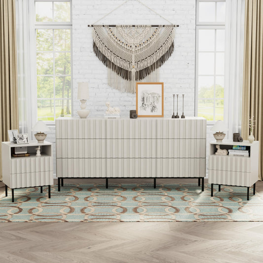 UEV 3 Piece Bedroom Dresser Set, Long 9 Drawer Dresser & 2 Drawer Nightstands with Open Shelf, Modern Wooden Chest of Drawers & Nightstand Sets for Bedroom, Living Room, Entryway, Beige