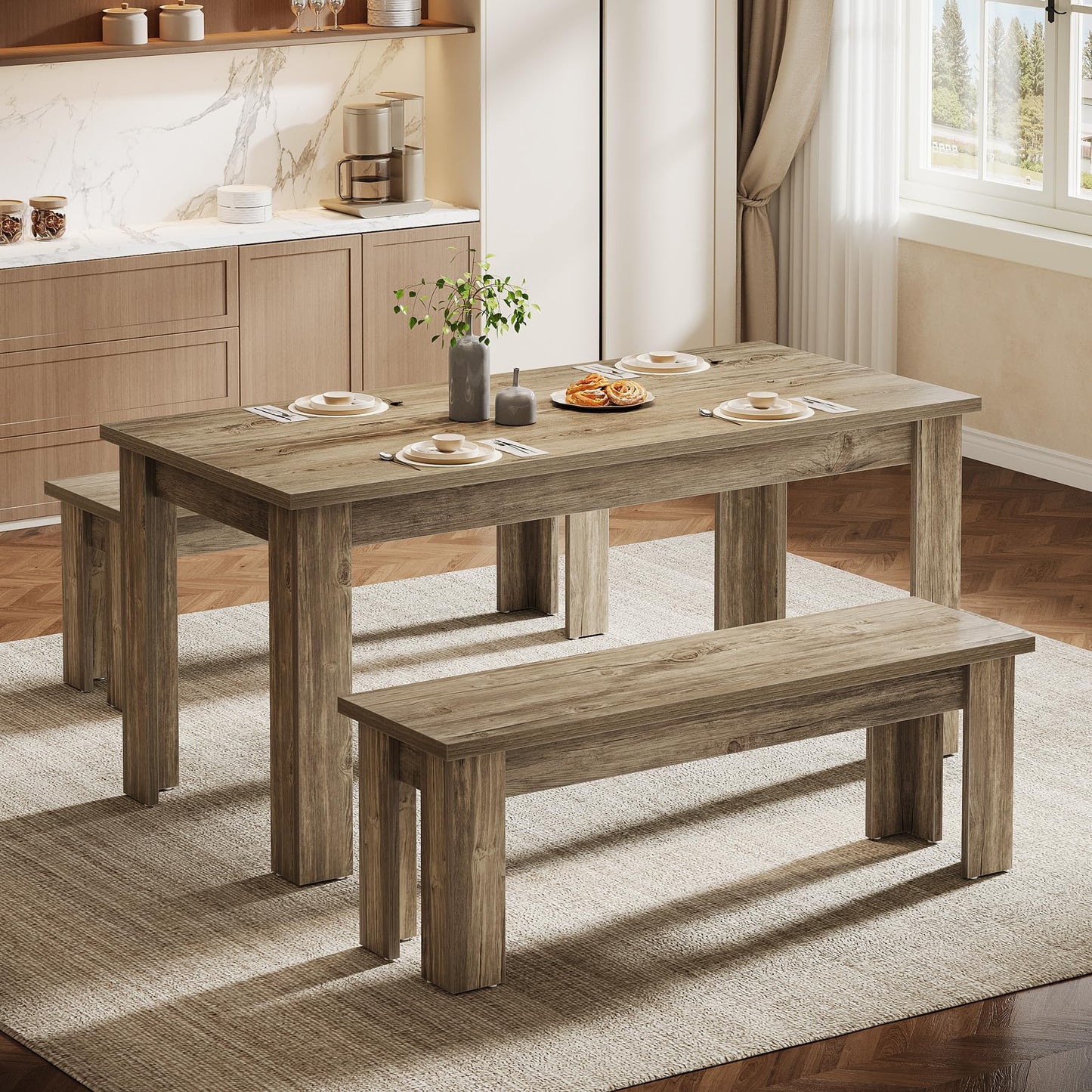 Tribesigns Dining Table Set for 6, 55.1-Inch Rectangle Kitchen Table with 2 Benches, 3-Piece Wooden Dining Room Table Set for Kitchen